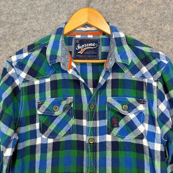 Supreme Flannel Button Shirt Mens Medium Green Blue Plaid Casual Cotton - Picture 2 of 9